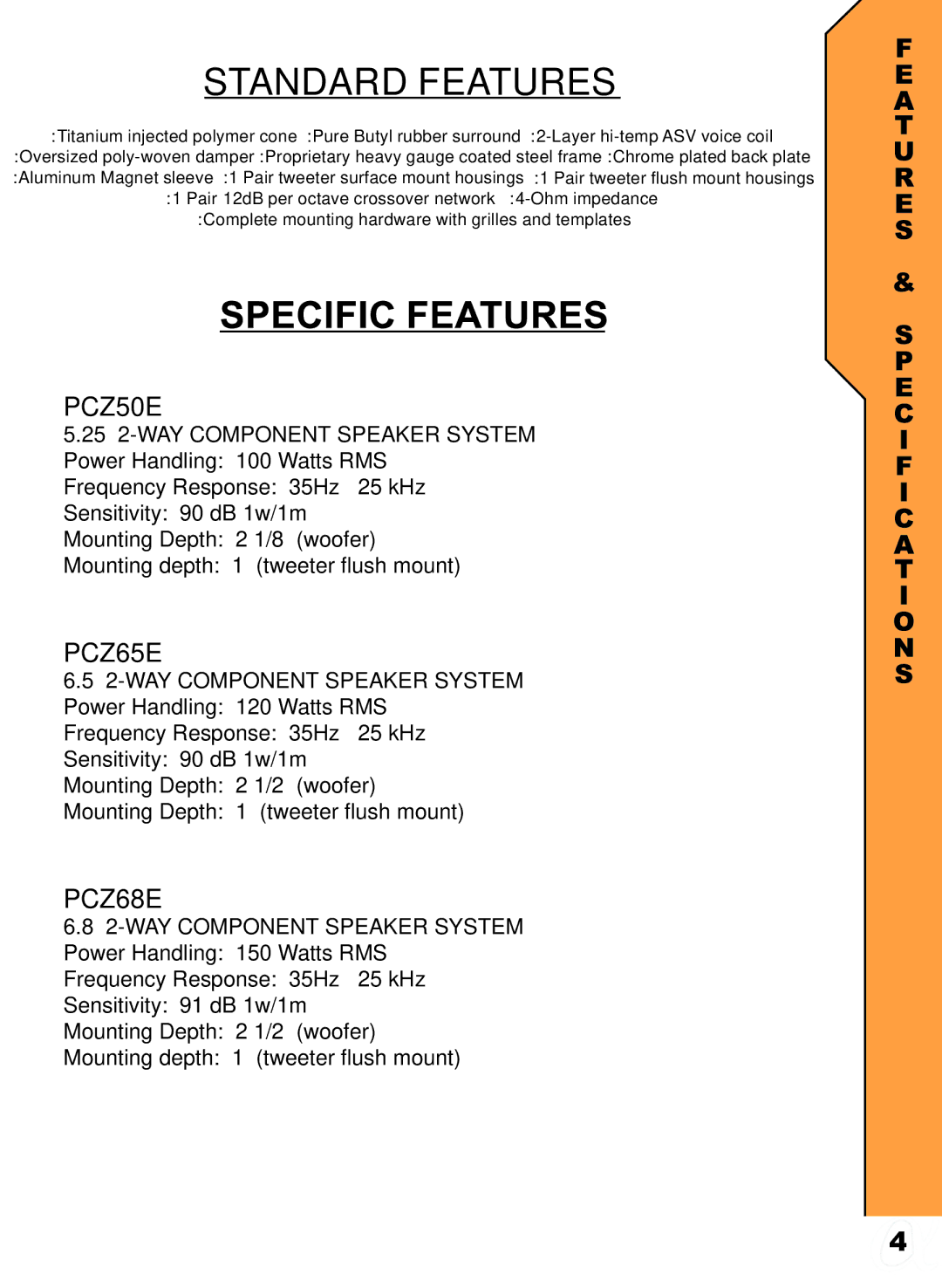 Alphasonik PCZ50E, PCZ65E, PCZ68E manual Standard Features 