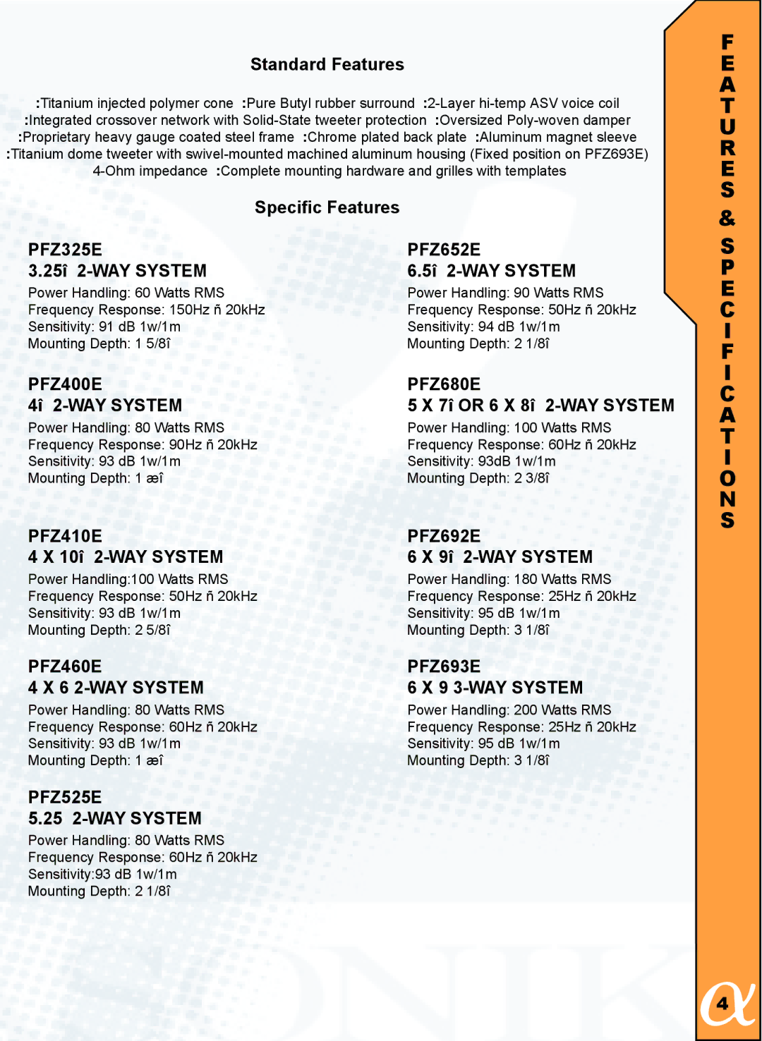 Alphasonik PFZ325E, PFZ693E, PFZ692E, PFZ460E, PFZ400E, PFZ680E, PFZ410E, PFZ652E T U R E S Specification S, Standard Features 