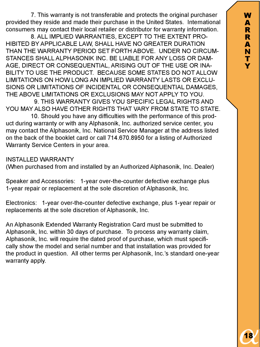 Alphasonik PMA1000HCE, PMA640HCE, PMA600HCE owner manual Installed Warranty 