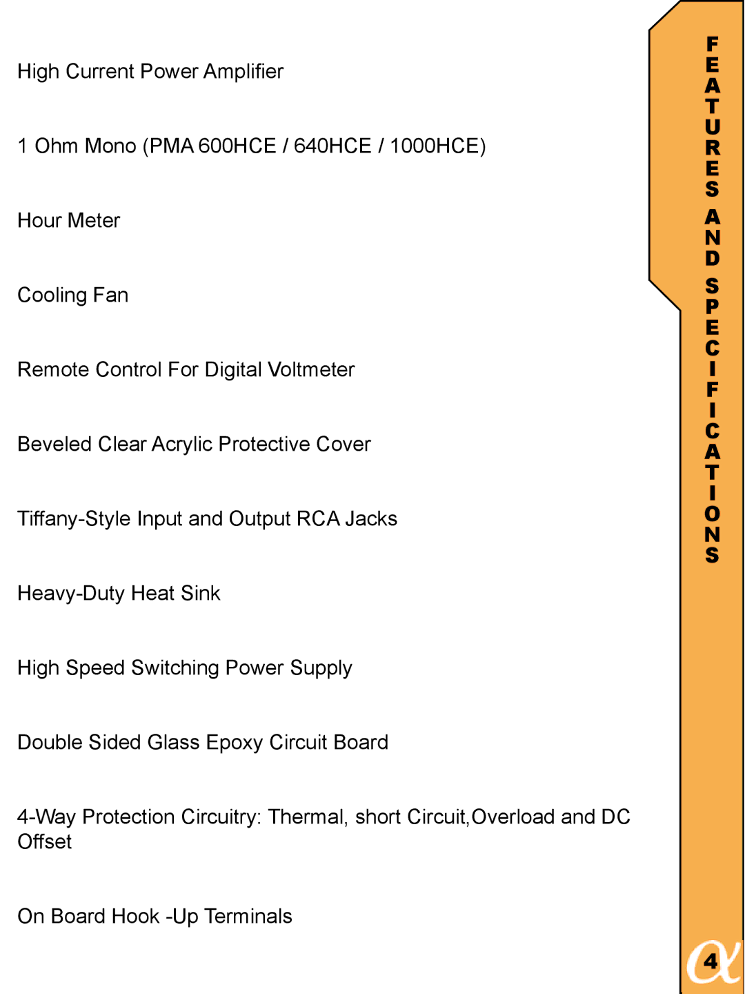 Alphasonik PMA600HCE, PMA640HCE, PMA1000HCE owner manual A T U R E S a N D Specification S 