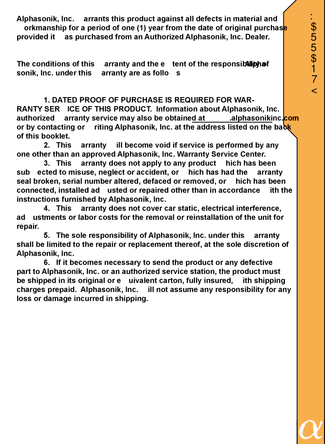 Alphasonik PSW115E, PSW112E, PSW110E owner manual R a N T Y 