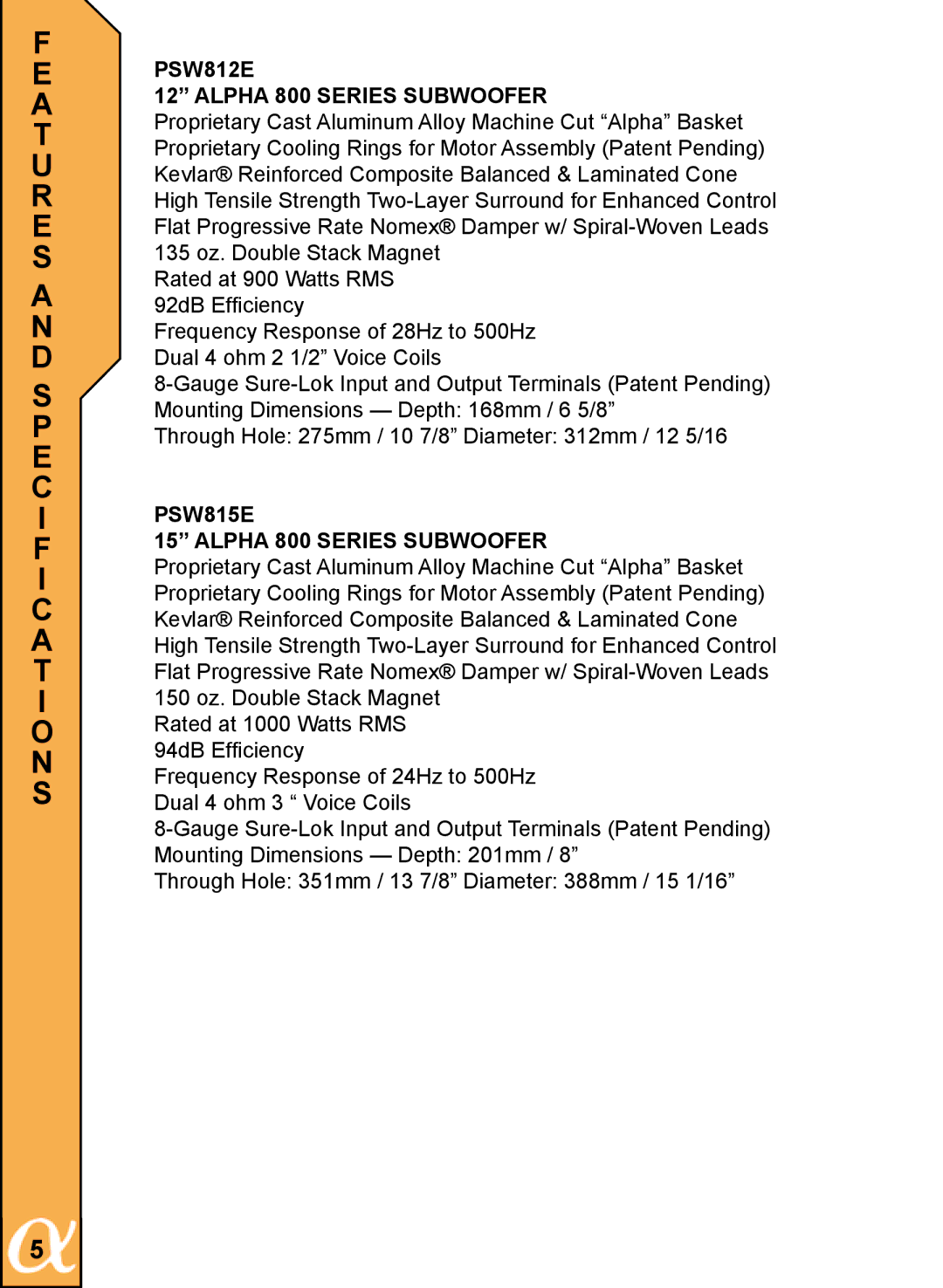 Alphasonik PSW810E owner manual PSW812E Alpha 800 Series Subwoofer, PSW815E Alpha 800 Series Subwoofer 