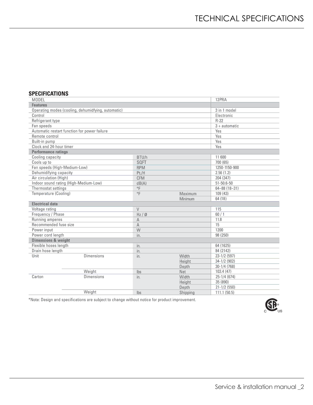 Alpine 12PRA manual Technical Specifications 