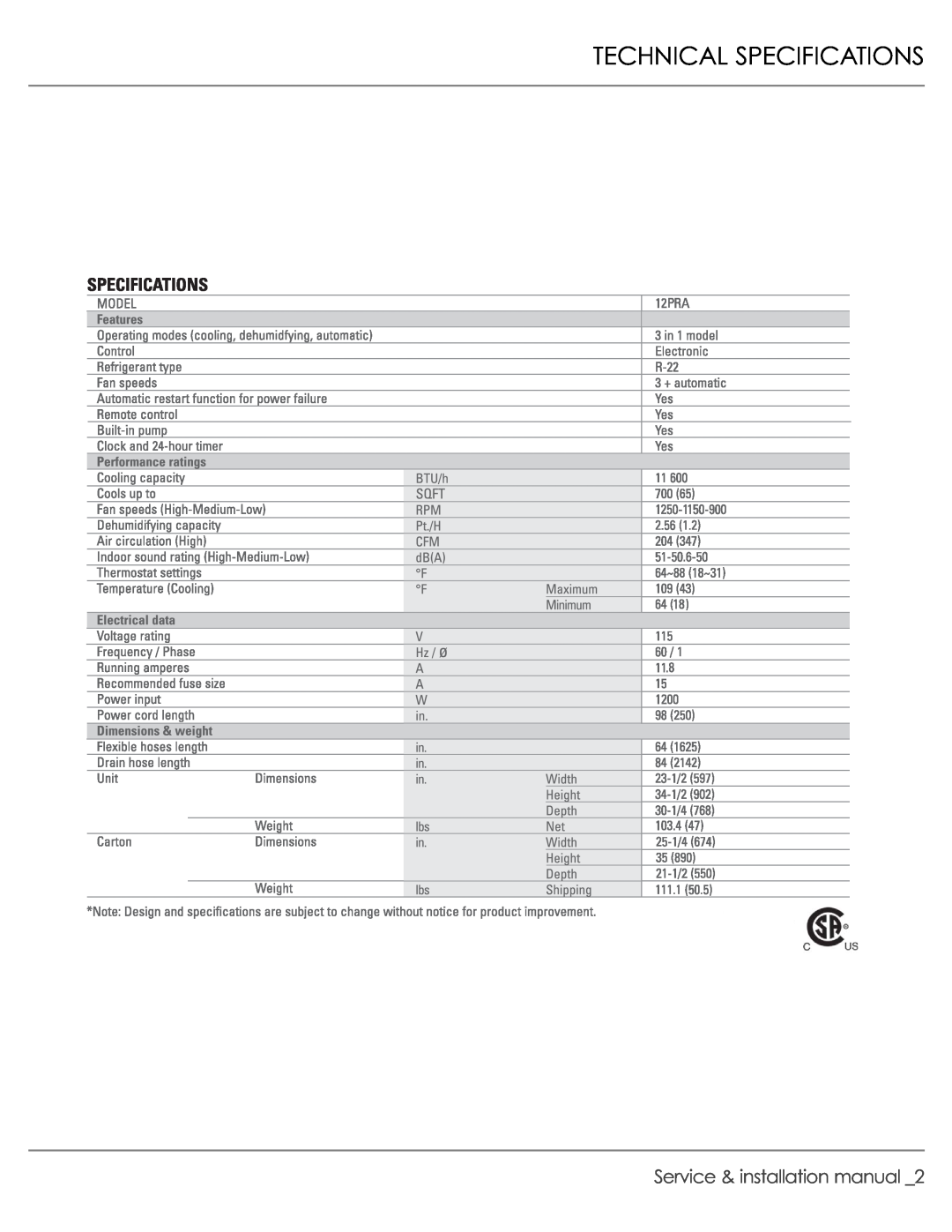 Alpine 12PRA Technical Specifications, Service & installation manual 
