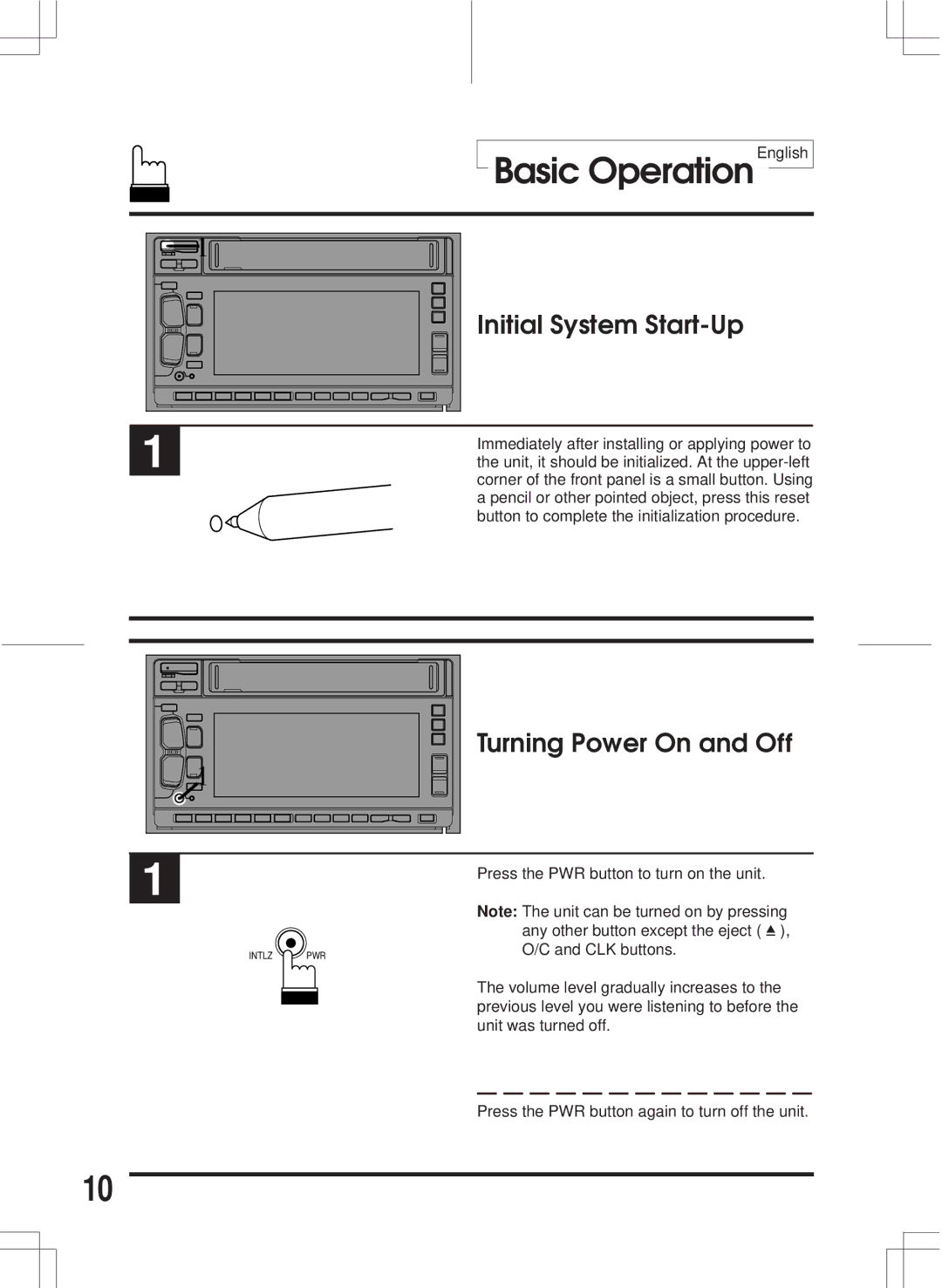 Alpine 3DA-W882E owner manual Basic Operation English, Initial System Start-Up, Turning Power On and Off 