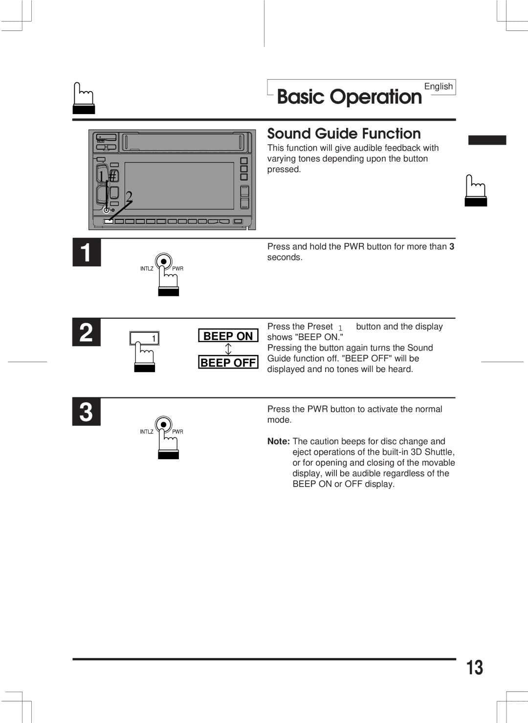 Alpine 3DA-W882E owner manual Sound Guide Function, Beep on, Beep OFF 