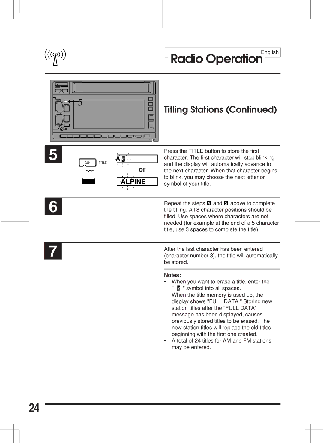 Alpine 3DA-W882E owner manual Press the Title button to store the first 