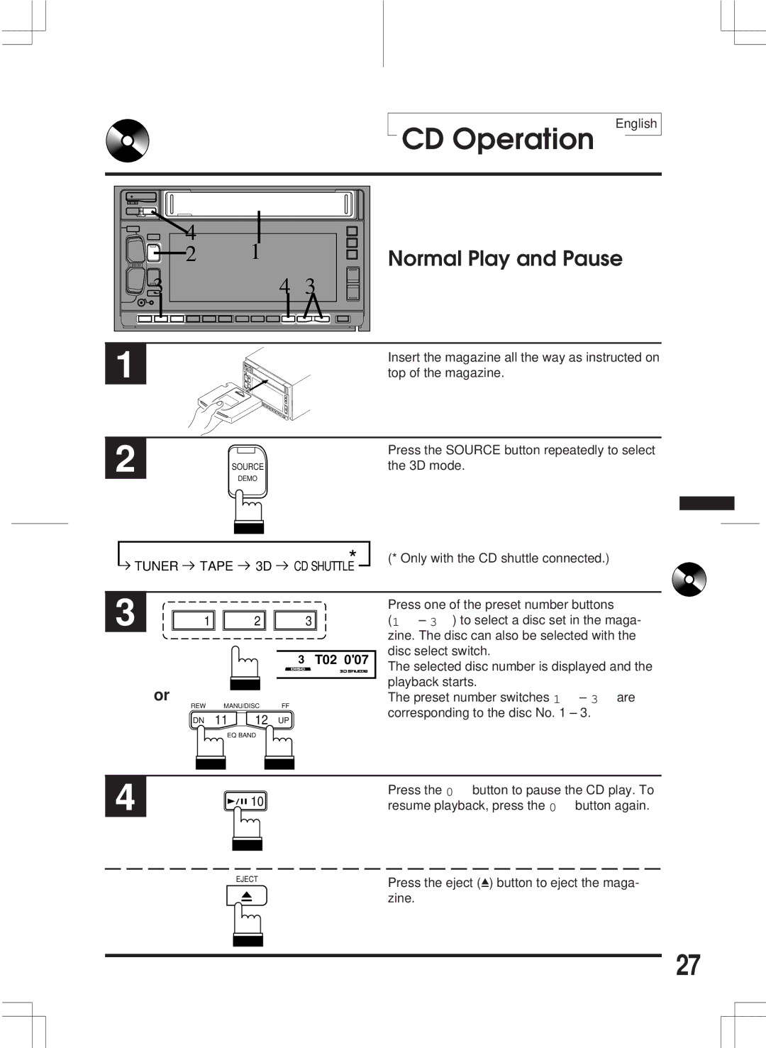 Alpine 3DA-W882E owner manual CD Operation English, Normal Play and Pause 