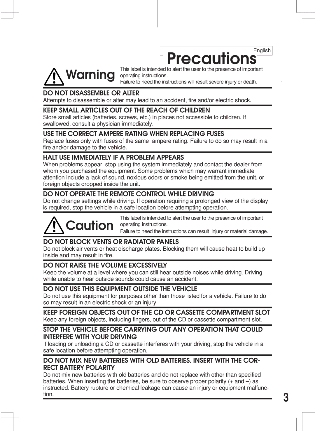 Alpine 3DA-W882E owner manual Precautions 