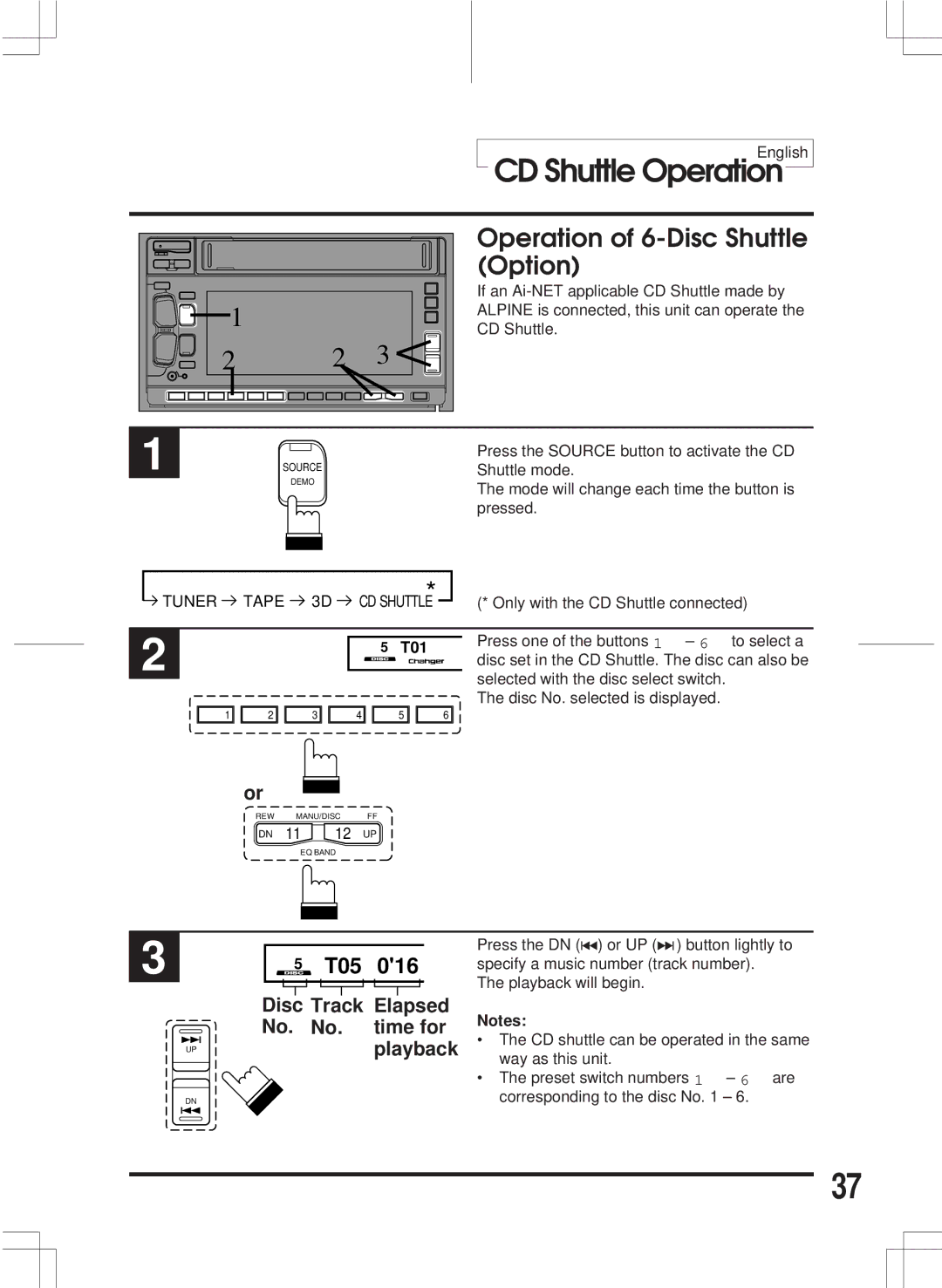 Alpine 3DA-W882E owner manual Operation of 6-Disc Shuttle, Option 