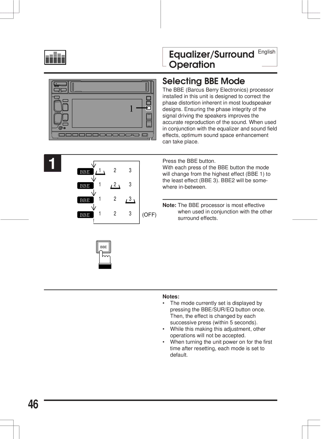 Alpine 3DA-W882E owner manual Equalizer/Surround English Operation, Selecting BBE Mode 