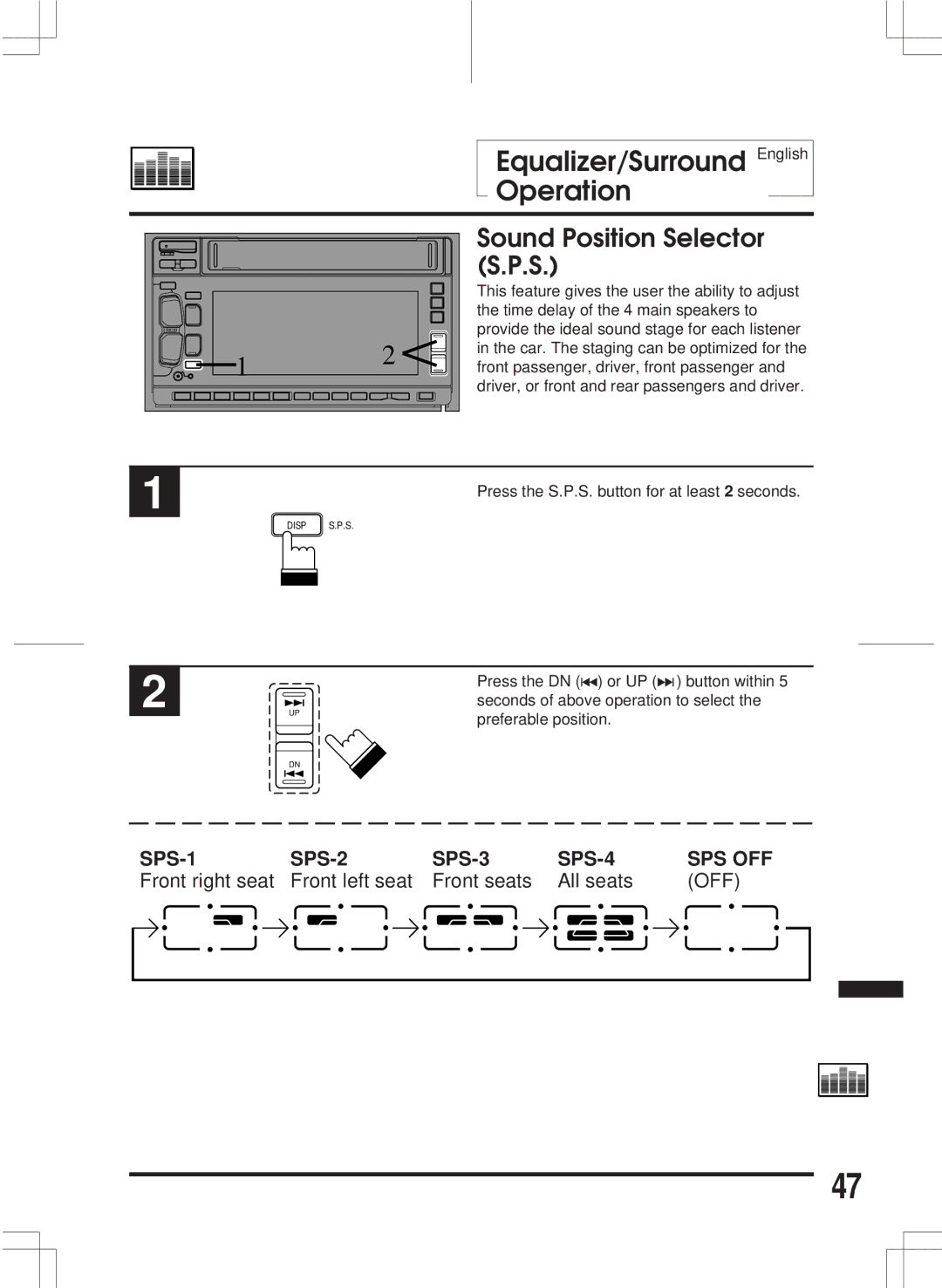 Alpine 3DA-W882E owner manual SPS-1 SPS-2 SPS-3 SPS-4 SPS OFF, Off 