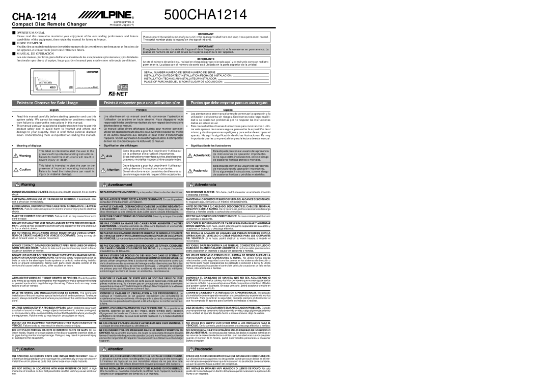 Alpine 500CHA1214 owner manual Importante 