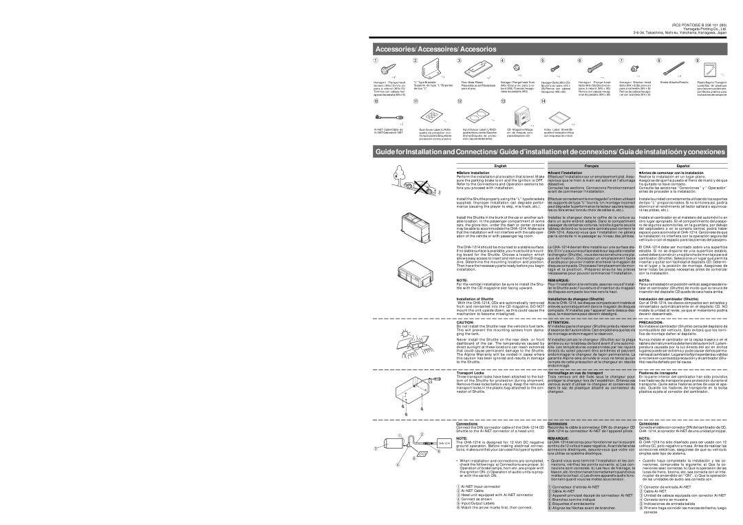 Alpine 500CHA1214 owner manual Accessories/Accessoires/Accesorios, Remarque, Nota, Precaucion 