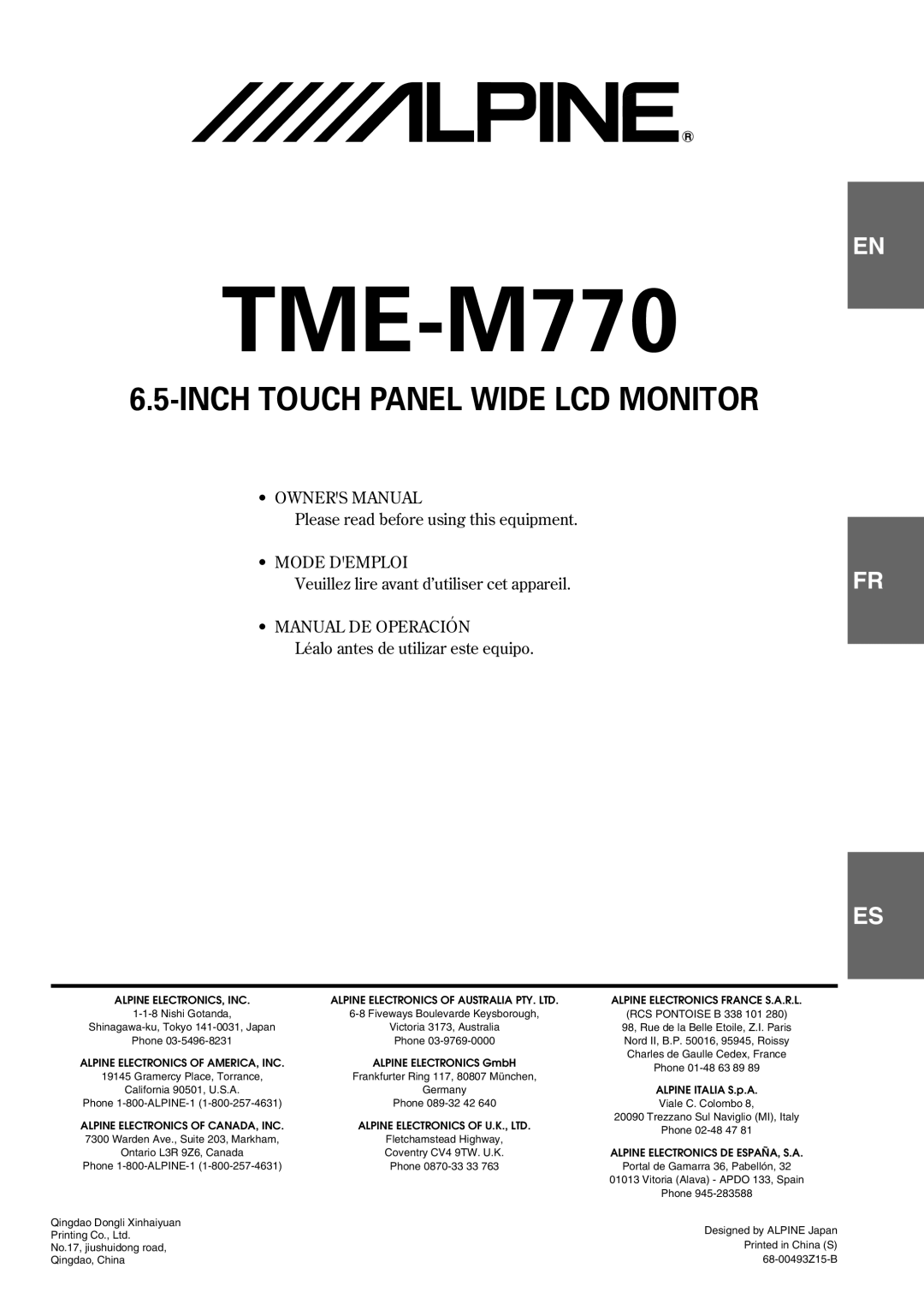 Alpine NVE-N852A, 68-00493Z15-B, VPE-S431 owner manual TME-M770 