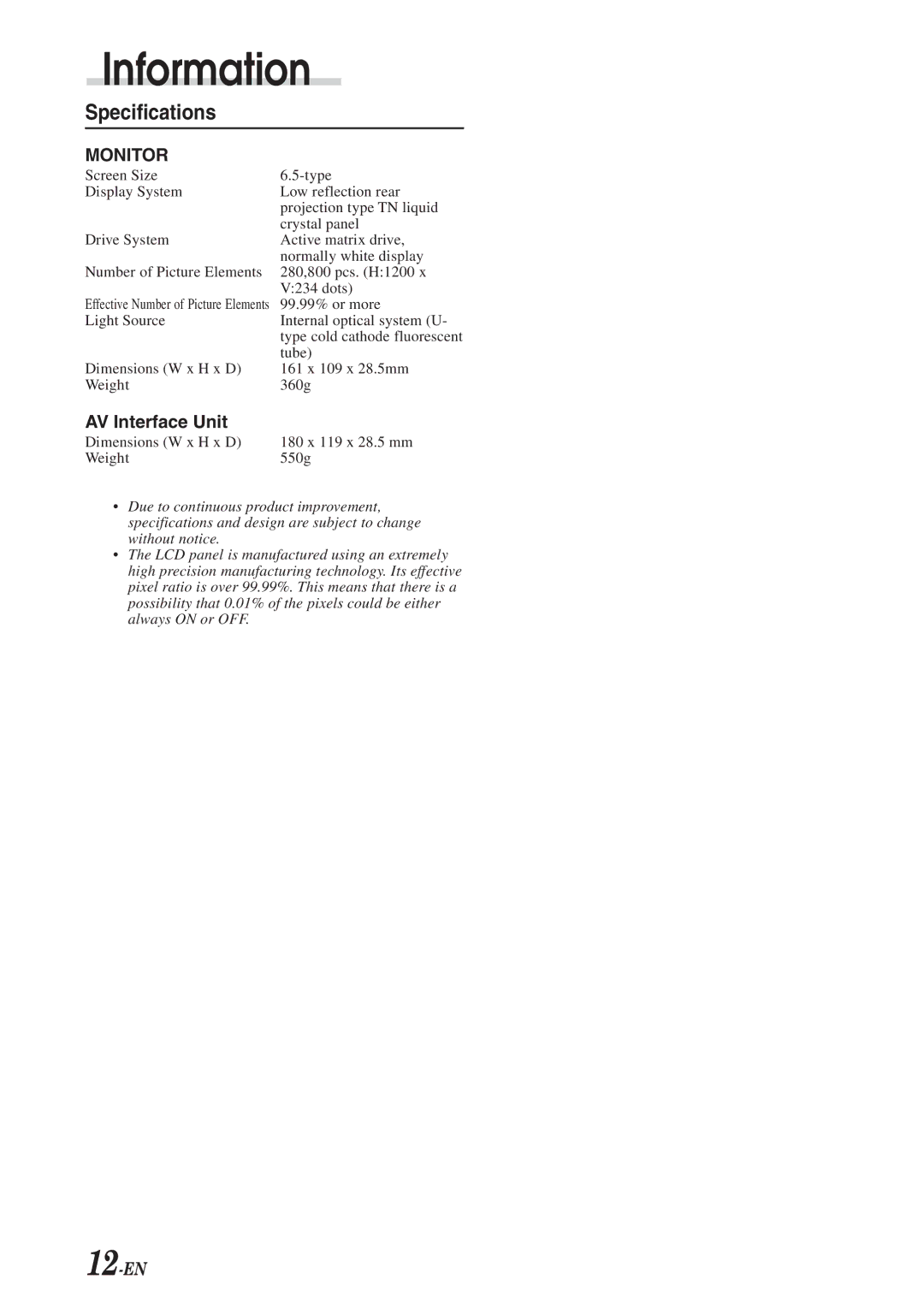 Alpine VPE-S431, 68-00493Z15-B, NVE-N852A owner manual Specifications, AV Interface Unit 