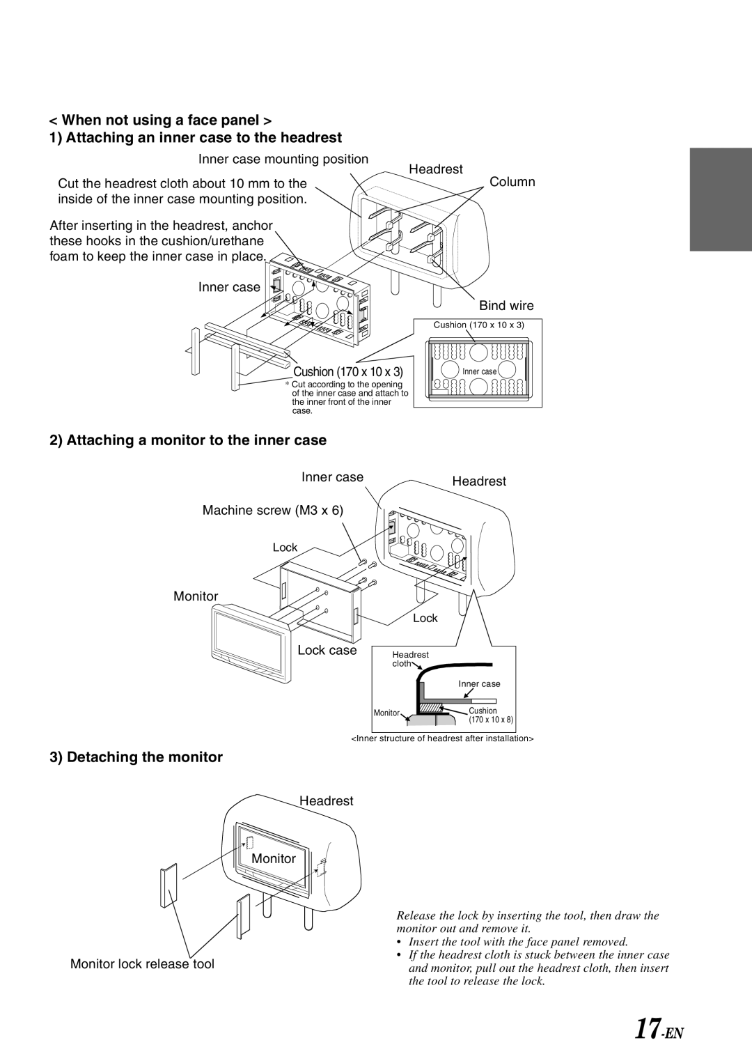 Alpine NVE-N852A, 68-00493Z15-B, VPE-S431 owner manual Detaching the monitor, Cushion 170 x 10 x 