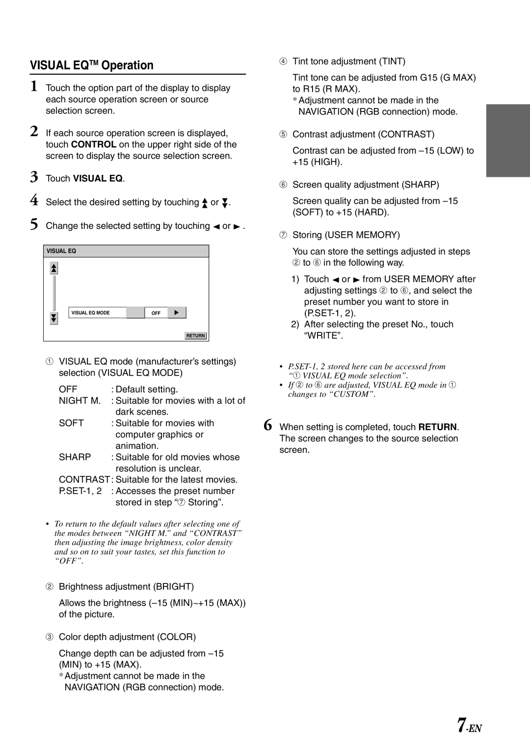 Alpine 68-00493Z15-B, NVE-N852A, VPE-S431 owner manual Visual Eqtm Operation, Tint tone adjustment Tint, Touch Visual EQ 