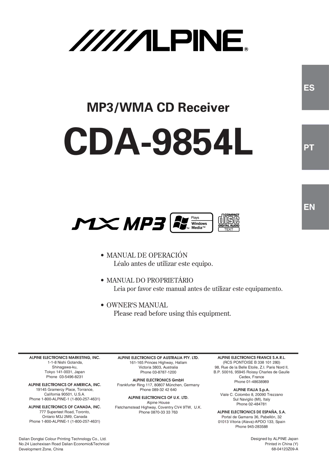 Alpine 68-04123Z09-A owner manual CDA-9854L PT 