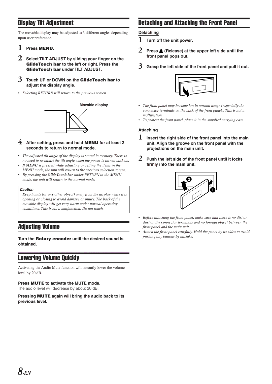 Alpine 68-04123Z09-A owner manual Display Tilt Adjustment, Adjusting Volume, Lowering Volume Quickly 