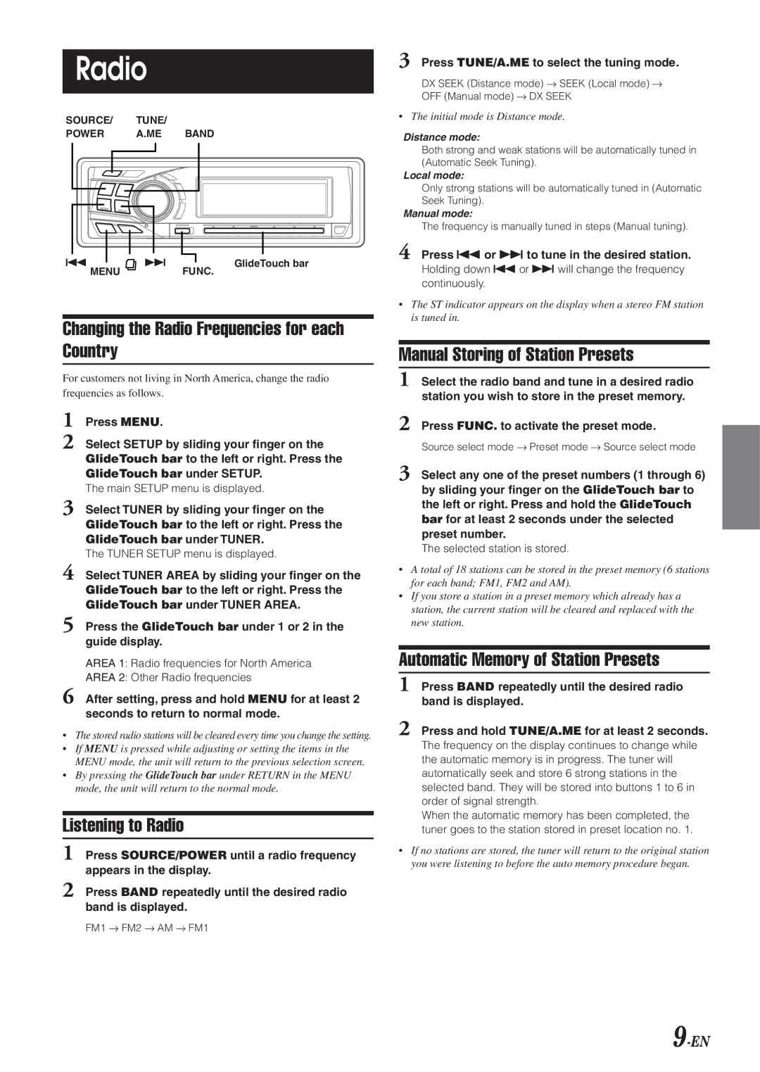 Alpine 68-04123Z09-A owner manual Changing the Radio Frequencies for each Country, Listening to Radio 