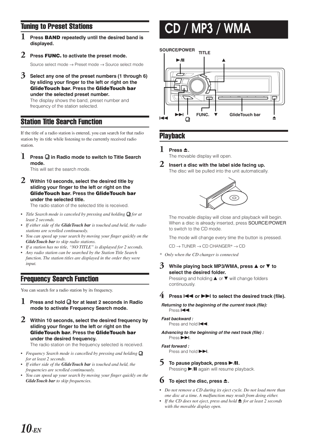 Alpine 68-04123Z09-A owner manual CD / MP3 / WMA, Frequency Search Function, Playback, 10-EN 