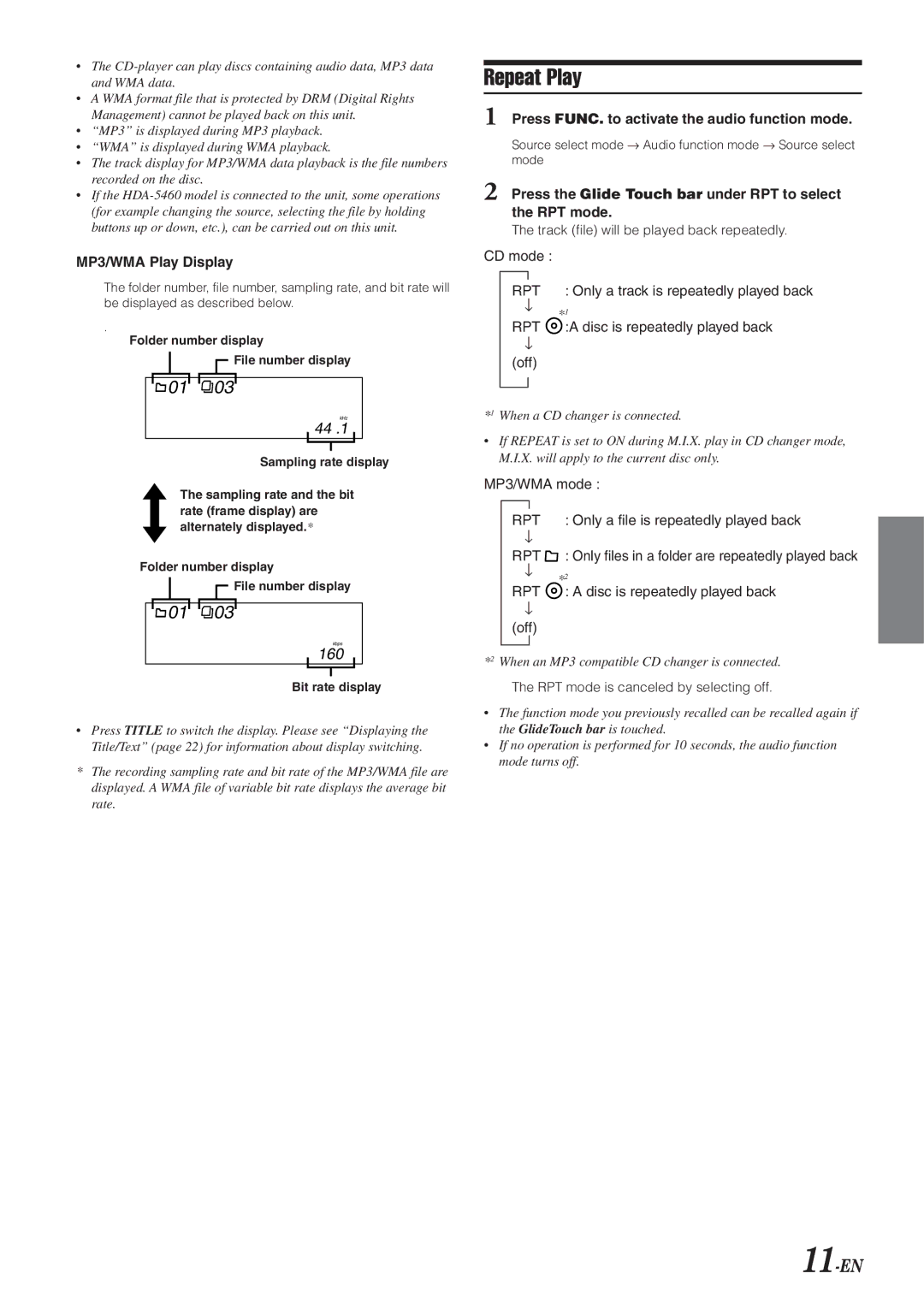 Alpine 68-04123Z09-A owner manual Repeat Play, 11-EN, MP3/WMA Play Display, Press FUNC. to activate the audio function mode 