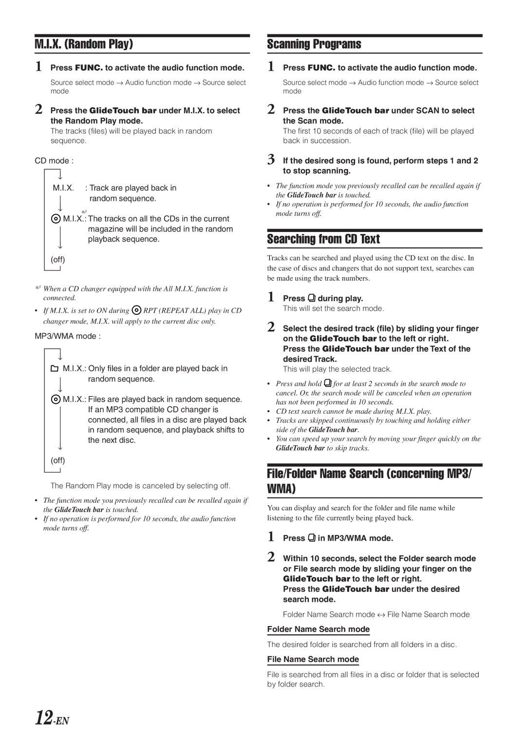 Alpine 68-04123Z09-A owner manual X. Random Play, Scanning Programs, Searching from CD Text, 12-EN 