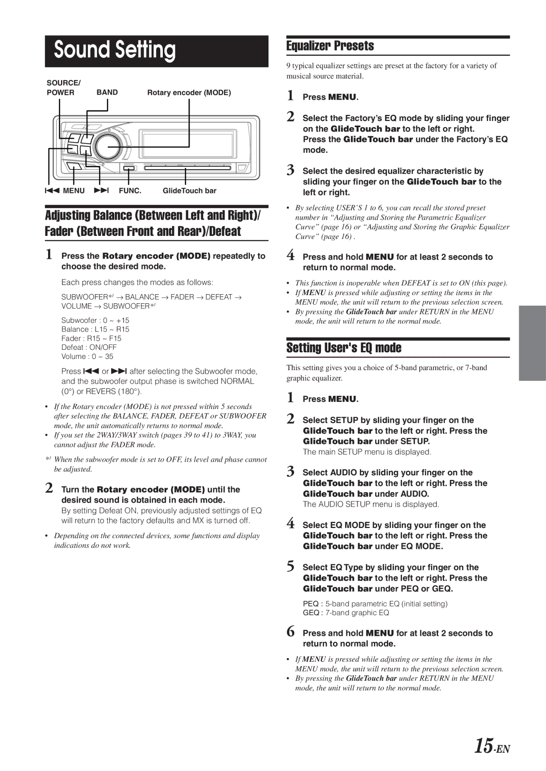 Alpine 68-04123Z09-A owner manual Sound Setting, Equalizer Presets, Setting Users EQ mode, 15-EN 