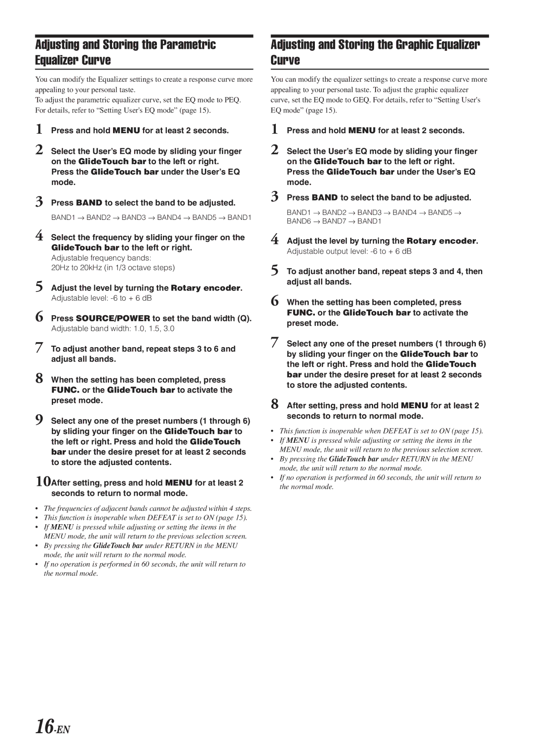 Alpine 68-04123Z09-A owner manual Adjusting and Storing the Parametric Equalizer Curve, 16-EN 