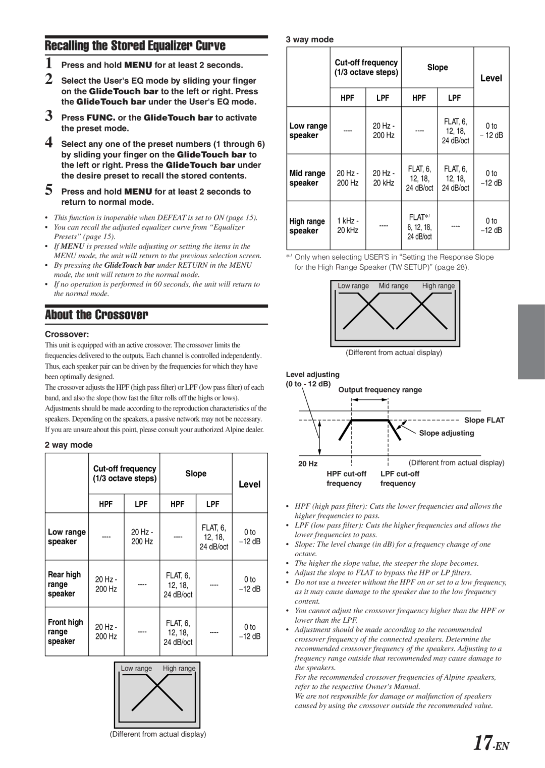 Alpine 68-04123Z09-A owner manual Recalling the Stored Equalizer Curve, About the Crossover, 17-EN 