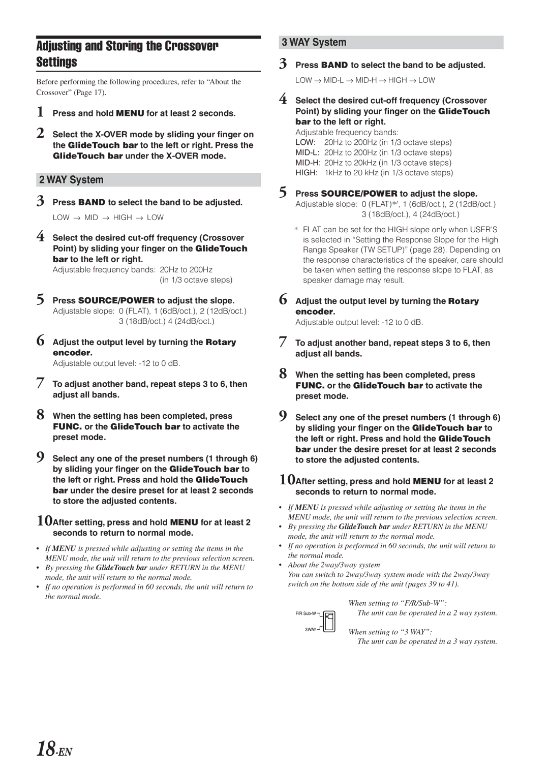 Alpine 68-04123Z09-A owner manual Adjusting and Storing the Crossover Settings, WAY System, 18-EN 