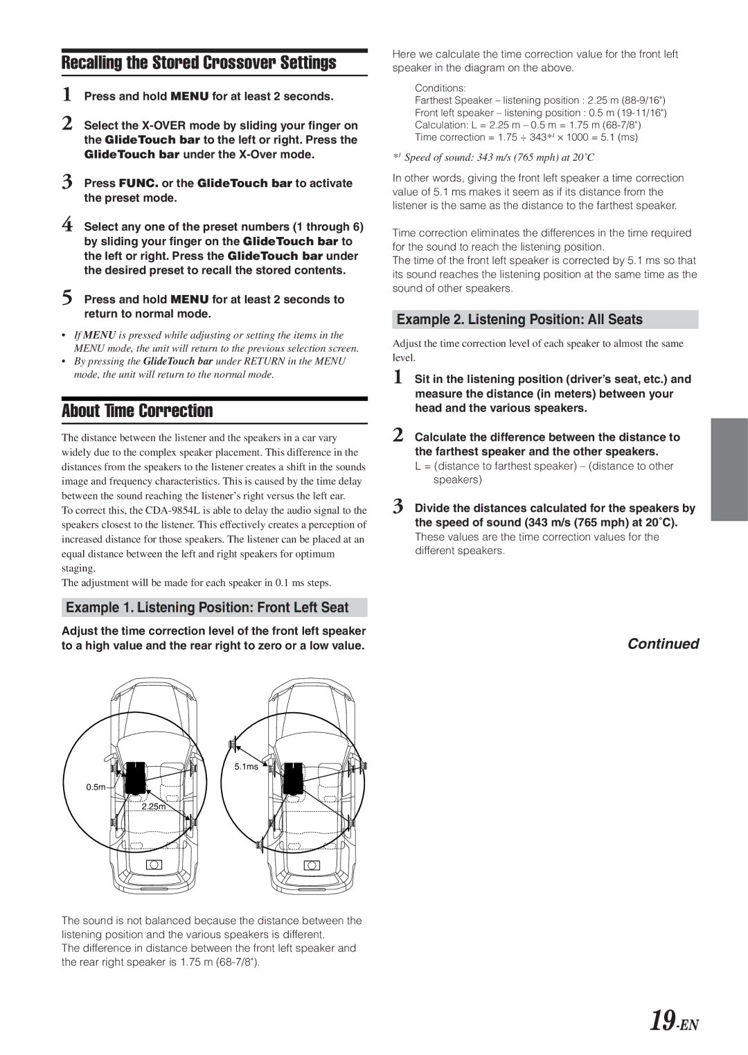 Alpine 68-04123Z09-A owner manual Recalling the Stored Crossover Settings, About Time Correction, 19-EN 