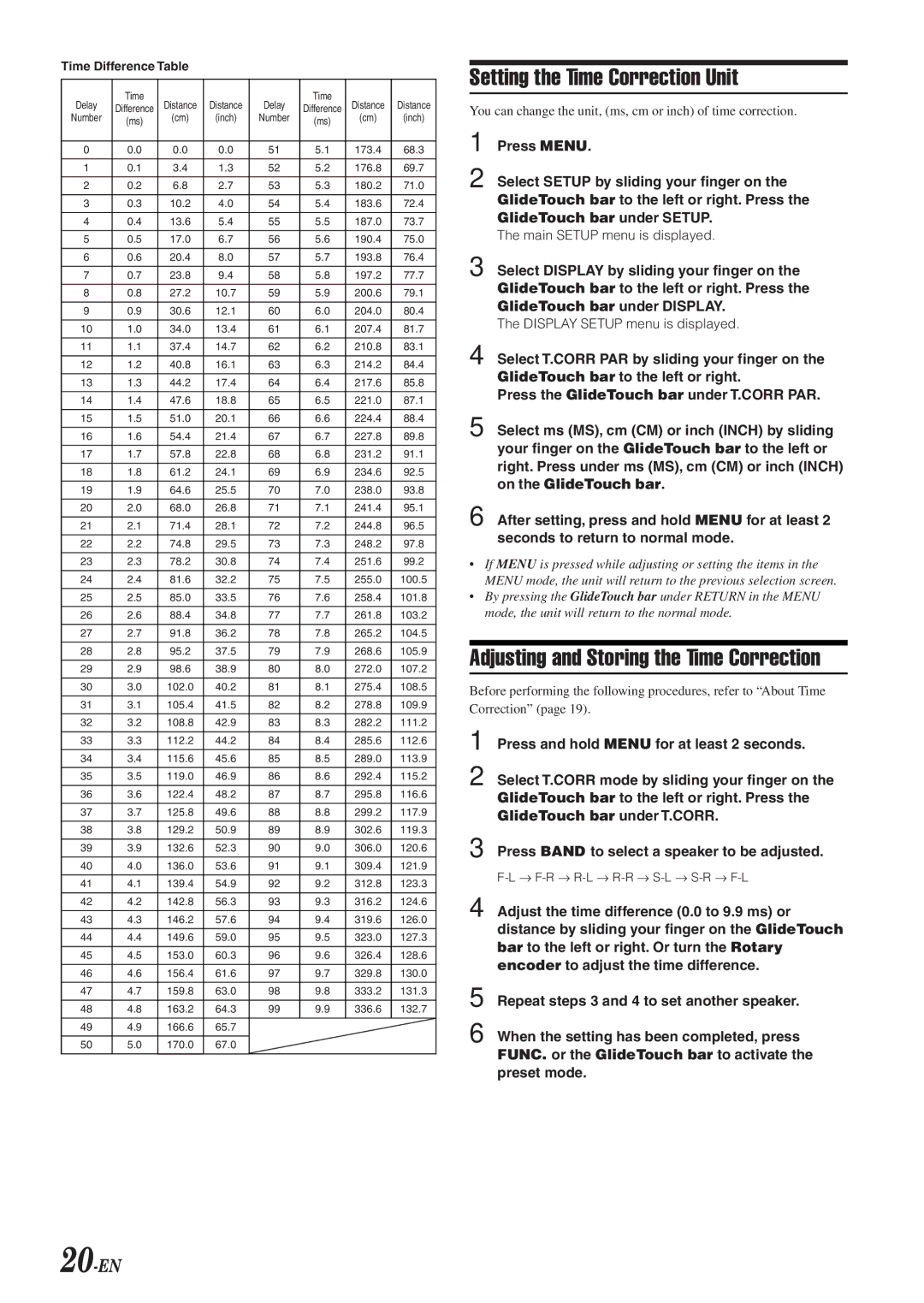 Alpine 68-04123Z09-A owner manual Setting the Time Correction Unit, Adjusting and Storing the Time Correction, 20-EN 