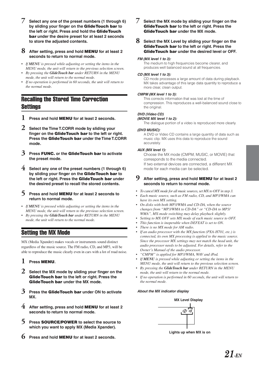 Alpine 68-04123Z09-A owner manual Recalling the Stored Time Correction Settings, Setting the MX Mode, 21-EN 