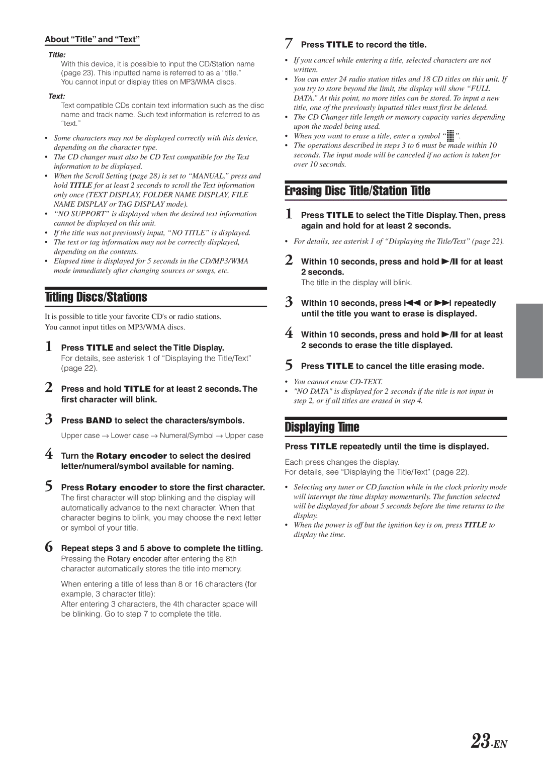 Alpine 68-04123Z09-A owner manual Erasing Disc Title/Station Title, Displaying Time, 23-EN 