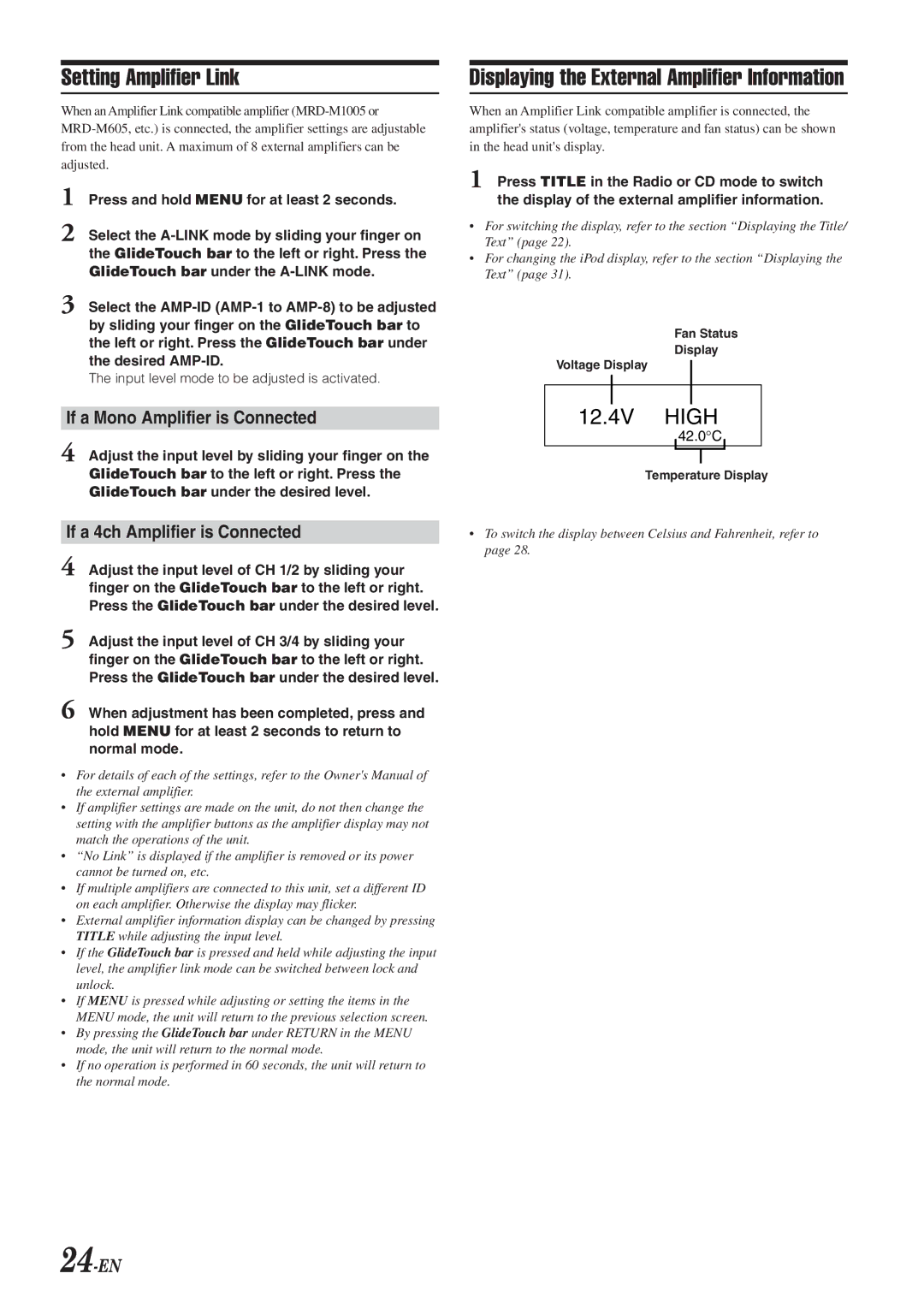 Alpine 68-04123Z09-A owner manual Setting Amplifier Link, Displaying the External Amplifier Information, 24-EN 