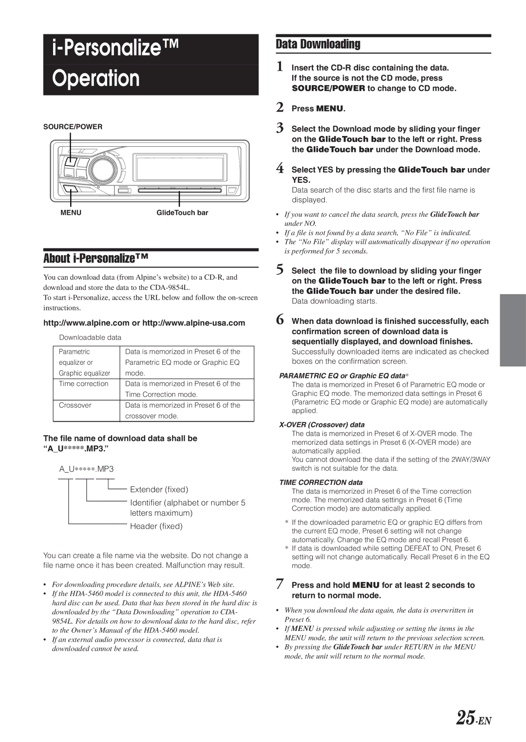 Alpine 68-04123Z09-A About i-Personalize, Data Downloading, 25-EN, File name of download data shall be AU*****.MP3 