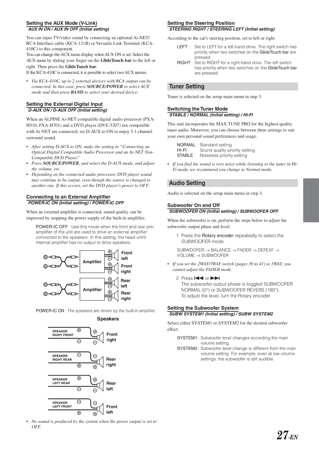 Alpine 68-04123Z09-A owner manual Tuner Setting, Audio Setting, 27-EN 