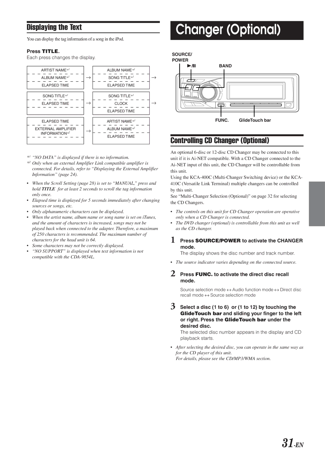 Alpine 68-04123Z09-A owner manual Displaying the Text, Controlling CD Changer Optional, 31-EN 