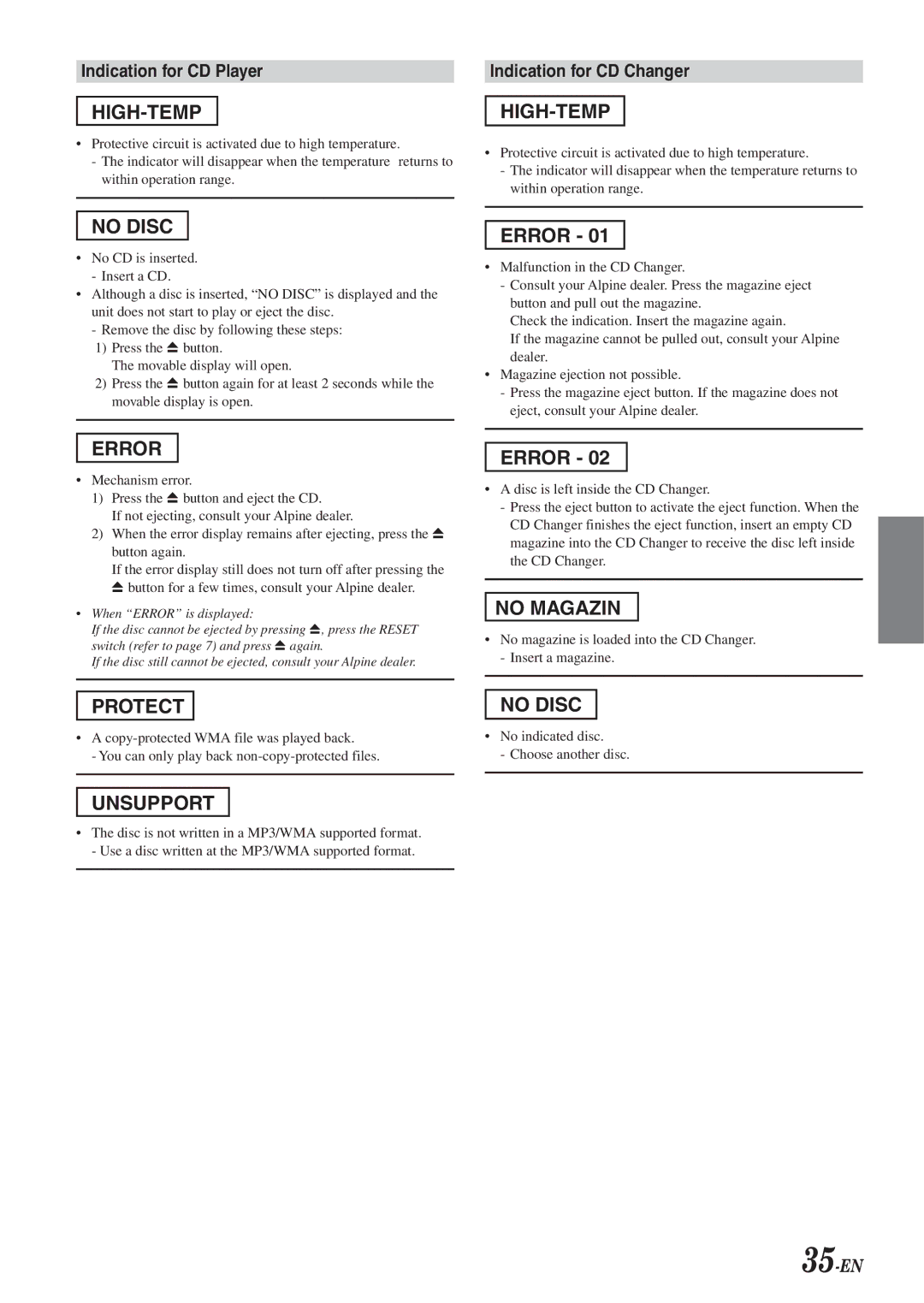 Alpine 68-04123Z09-A owner manual Indication for CD Player, Indication for CD Changer, 35-EN 