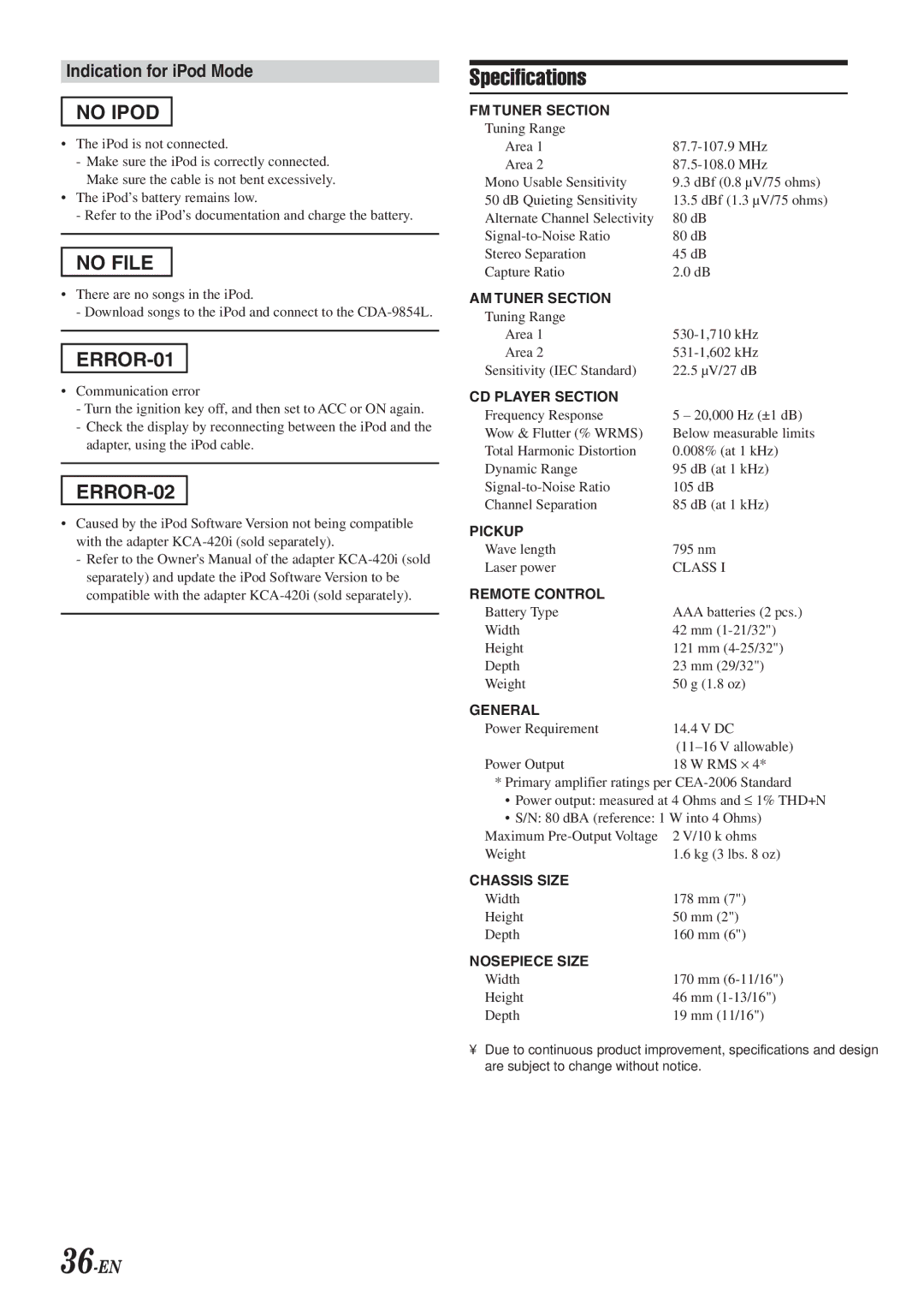 Alpine 68-04123Z09-A owner manual Specifications, Indication for iPod Mode, 36-EN 