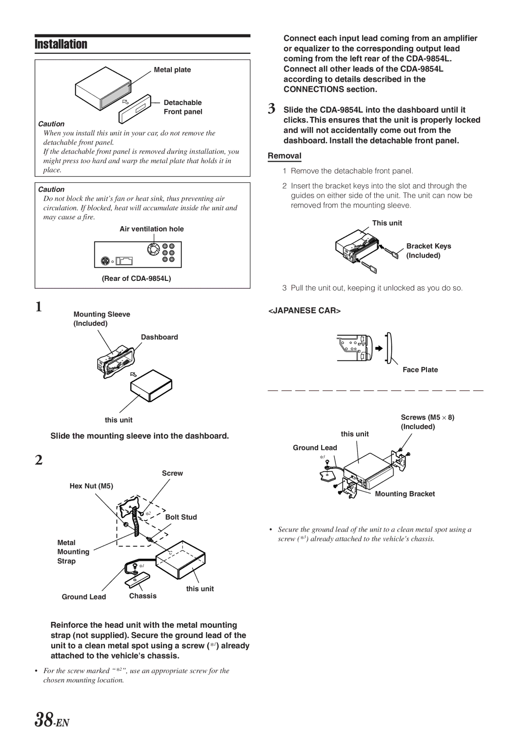 Alpine 68-04123Z09-A owner manual Installation, 38-EN, Slide the mounting sleeve into the dashboard, Removal 