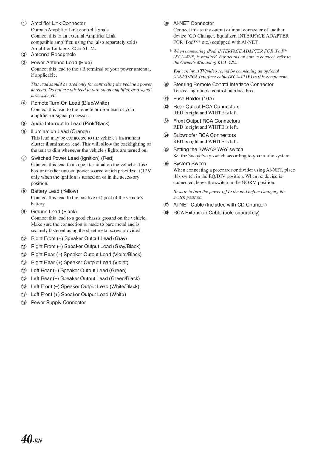 Alpine 68-04123Z09-A owner manual 40-EN, Amplifier Link Connector 