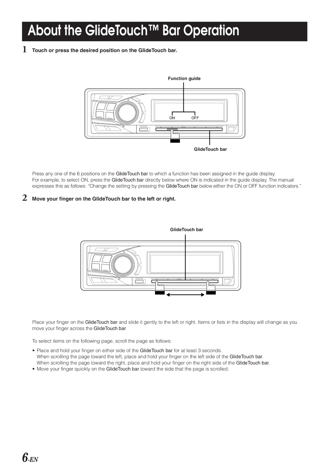 Alpine 68-04123Z09-A About the GlideTouch Bar Operation, Touch or press the desired position on the GlideTouch bar 