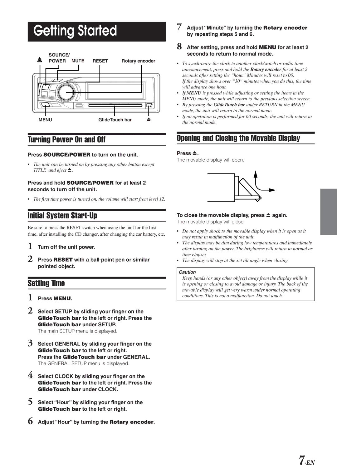 Alpine 68-04123Z09-A Getting Started, Turning Power On and Off, Opening and Closing the Movable Display, Setting Time 