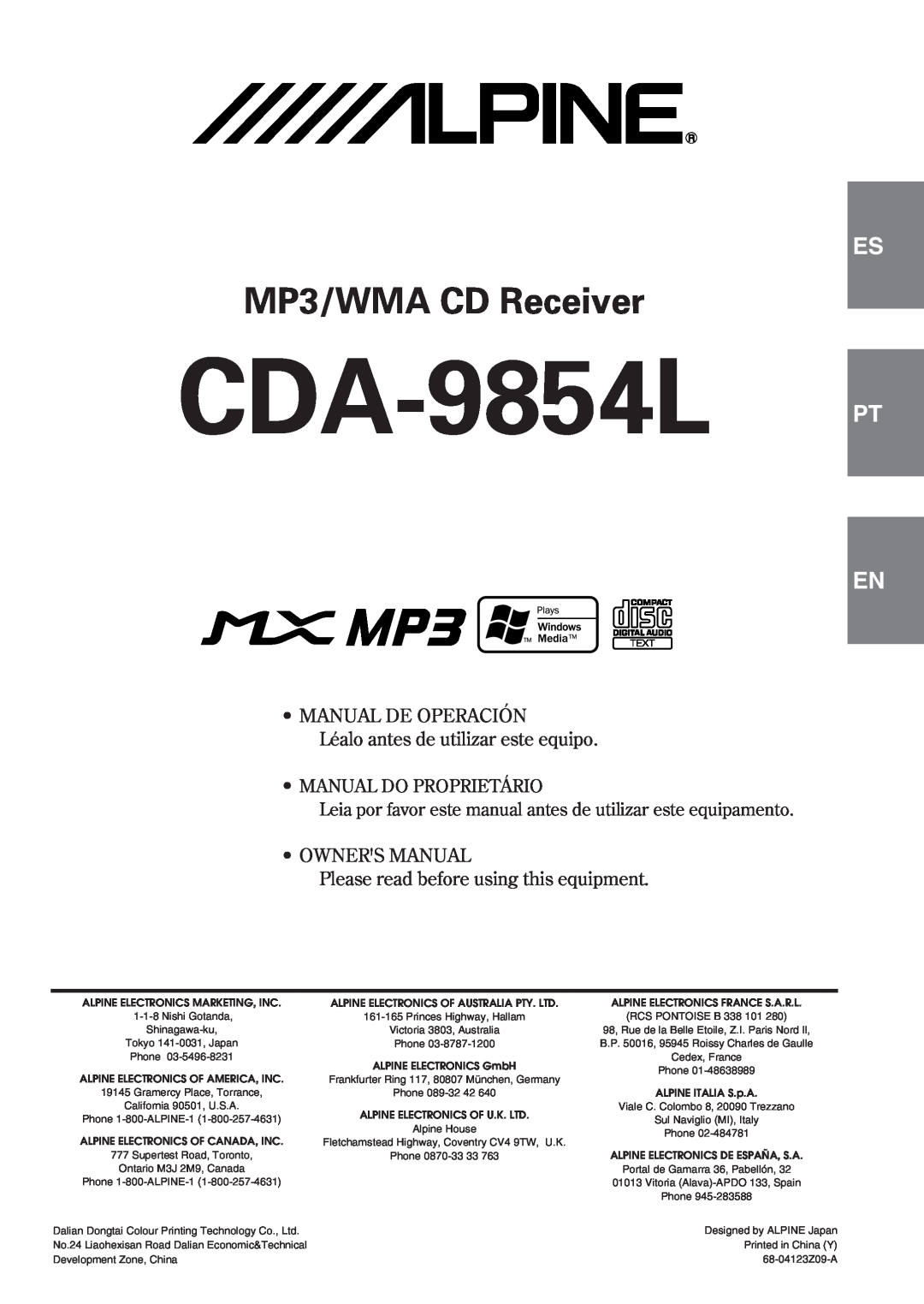 Alpine 68-04123Z09-A owner manual CDA-9854L PT, MP3/WMA CD Receiver, • Manual De Operación, • Owners Manual, Shinagawa-ku 