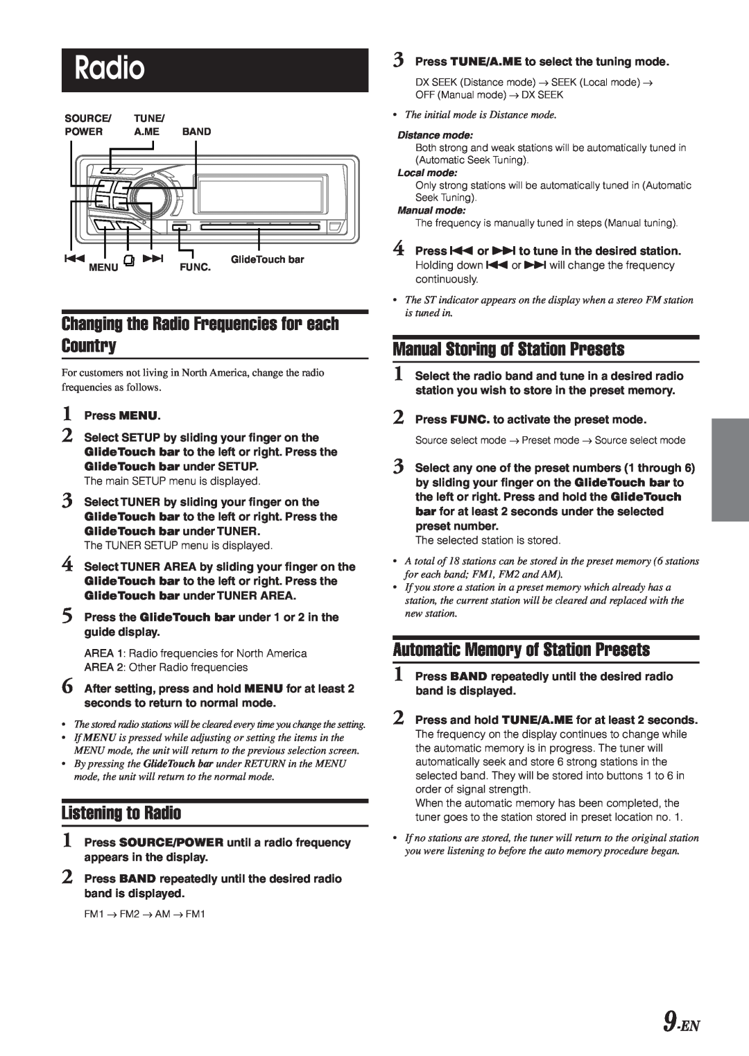 Alpine 68-04123Z09-A owner manual Changing the Radio Frequencies for each Country, Listening to Radio, 9-EN 