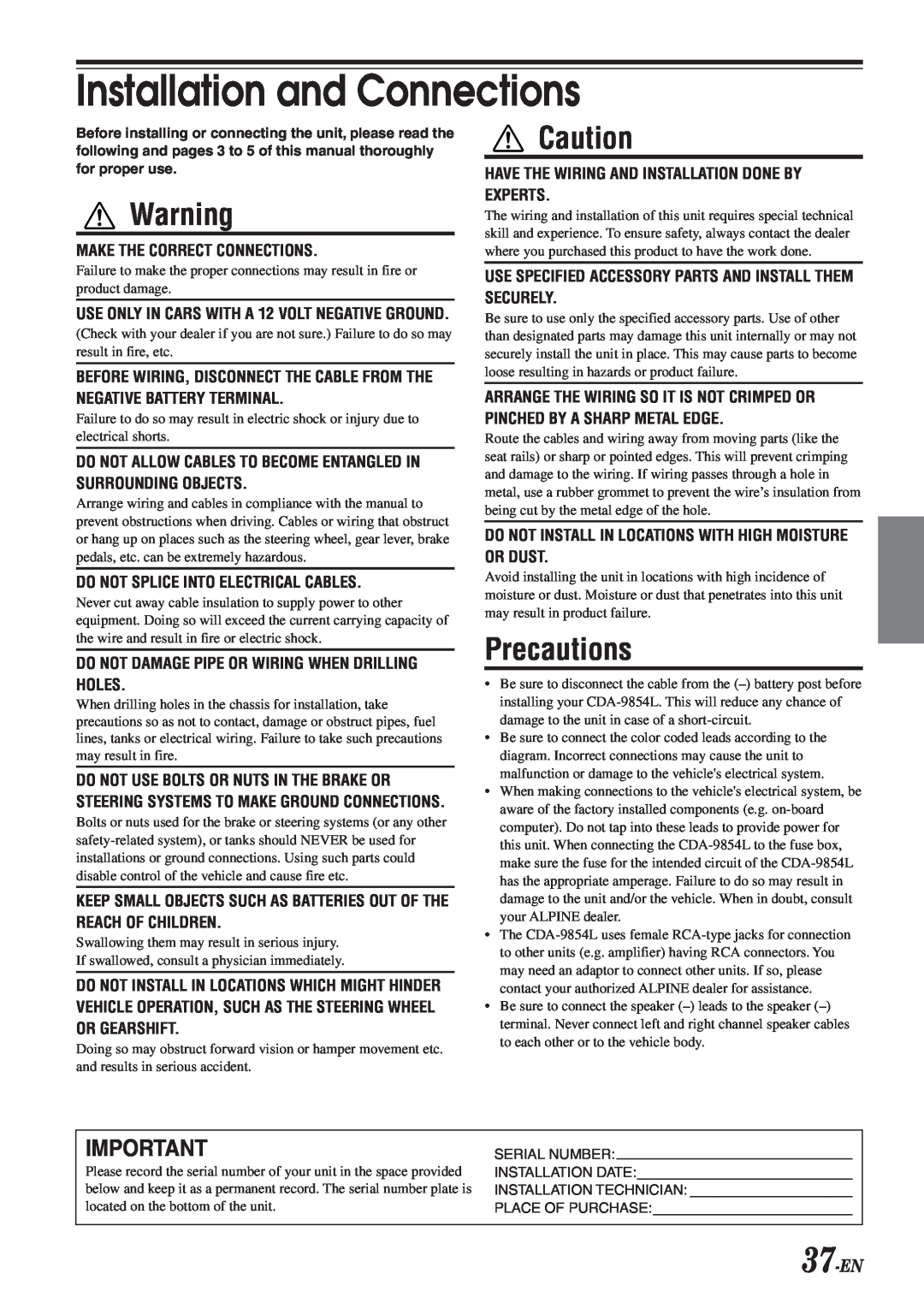 Alpine 68-04123Z09-A owner manual Precautions, 37-EN, Installation and Connections 