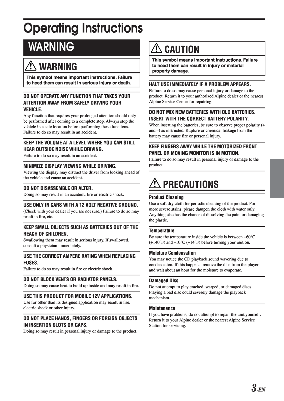 Alpine 68-04123Z09-A owner manual Precautions, 3-EN, Operating Instructions 